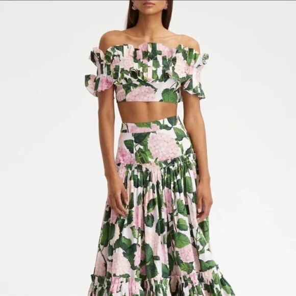 New Green Floral Print Beach Long Maxi Skirt Resort Casual Romantic Ruffle Top - Picture 2 of 16